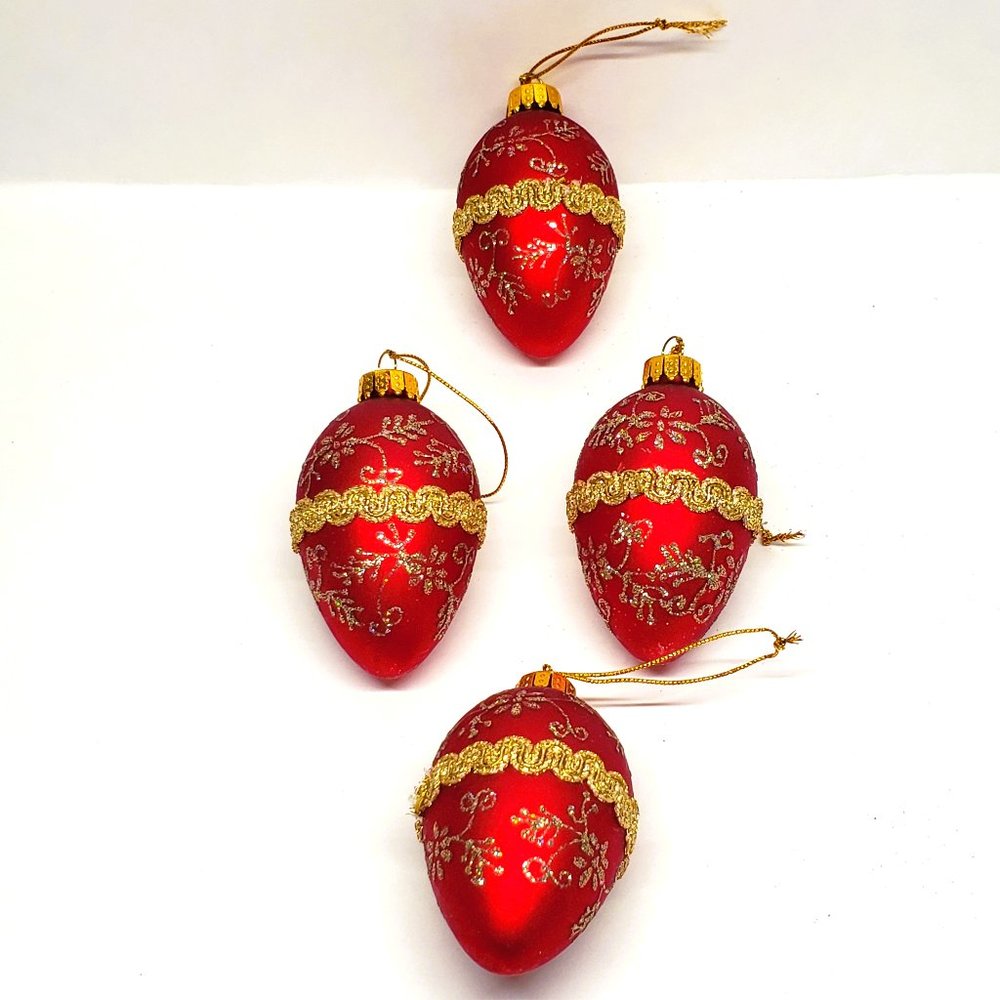 Vintage Red Gold Egg Glass Christmas Ornaments UT Unique Treasures 3" Lot Set x4